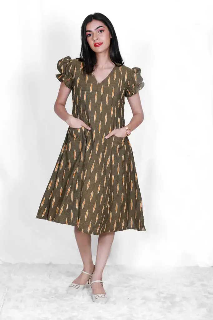 Olive Ikat Print Cotton Fit & Flare Dress